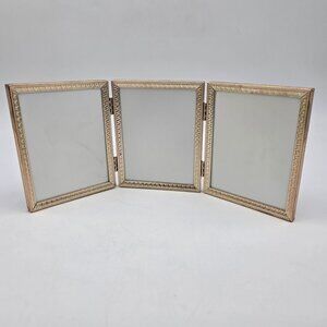 Vintage Gold-Tone Hinged Triple Picture Frame With Ornate Design 3x5"